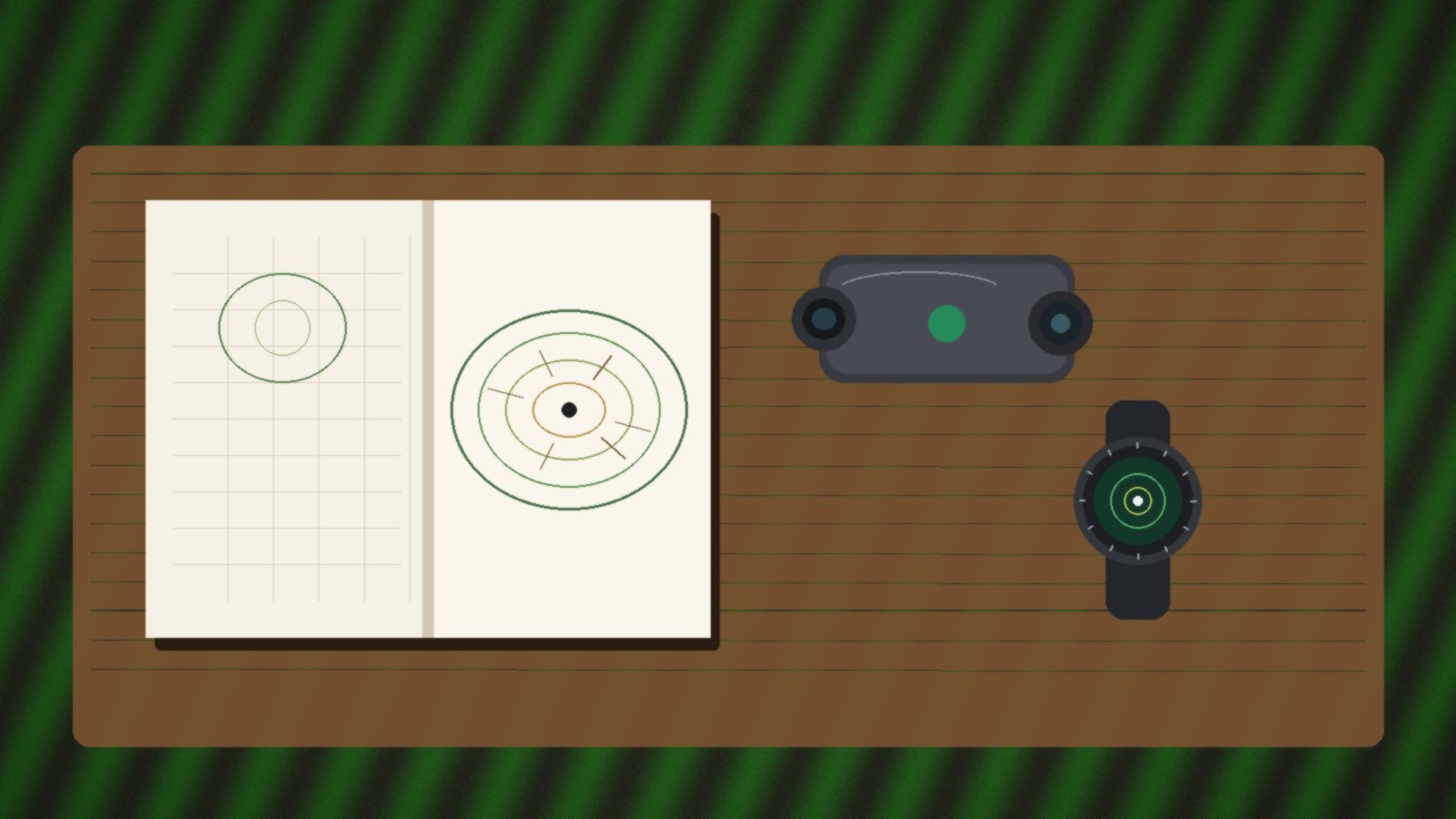 Open printed green-book page on a desk next to a generic unmarked laser rangefinder and a generic unmarked GPS watch